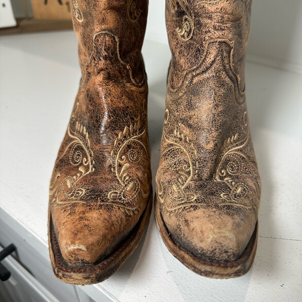 Circle G Western Boots Womens 8.5M Distressed Brown Embroidered Cowboy Rustic - Picture 3 of 10
